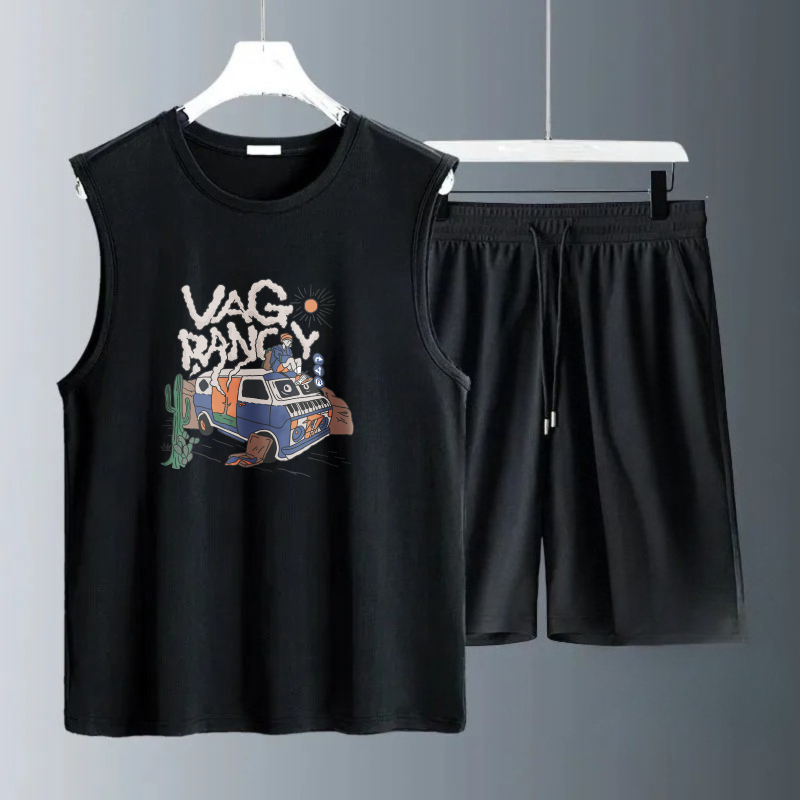 Summer Clothing - メンズタンクトップセット 2026年夏 速乾性 海辺ビーチランニング スポーツウェアセット スウェットシャツセット