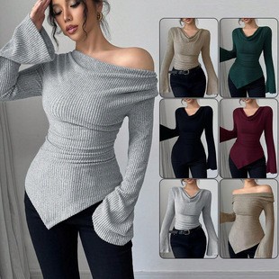 Off Shoulder Blouse - レディースブラウス 長袖 ソリッドカラー 長袖ブラウス リブ編みカウルネックニットトップ ベルアシンメトリーヘム