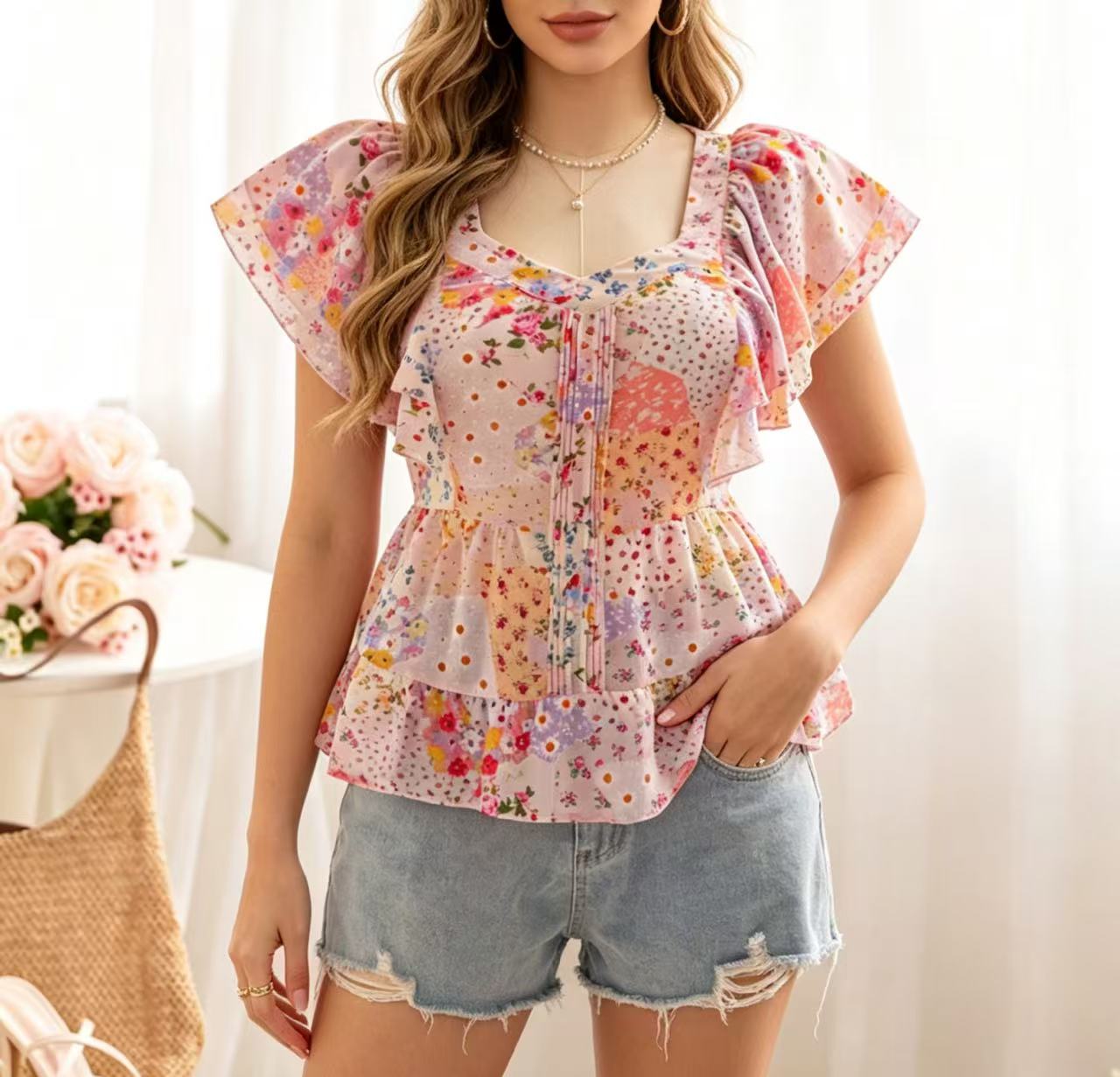 Summer Clothing For Girls - プラスサイズ女性向けニッチデザイン小花柄フリルレーストリムラッフルスリーブ新作スタイリッシュスイート＆スパイシーガールトップスシャツ