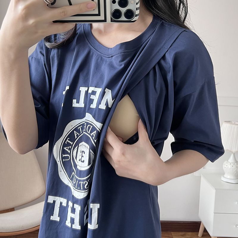 Summer Clothing For Women - 授乳服妊娠中の授乳ロング Tシャツナイトガウン女性夏マタニティルーズ授乳服妊娠ホーム服