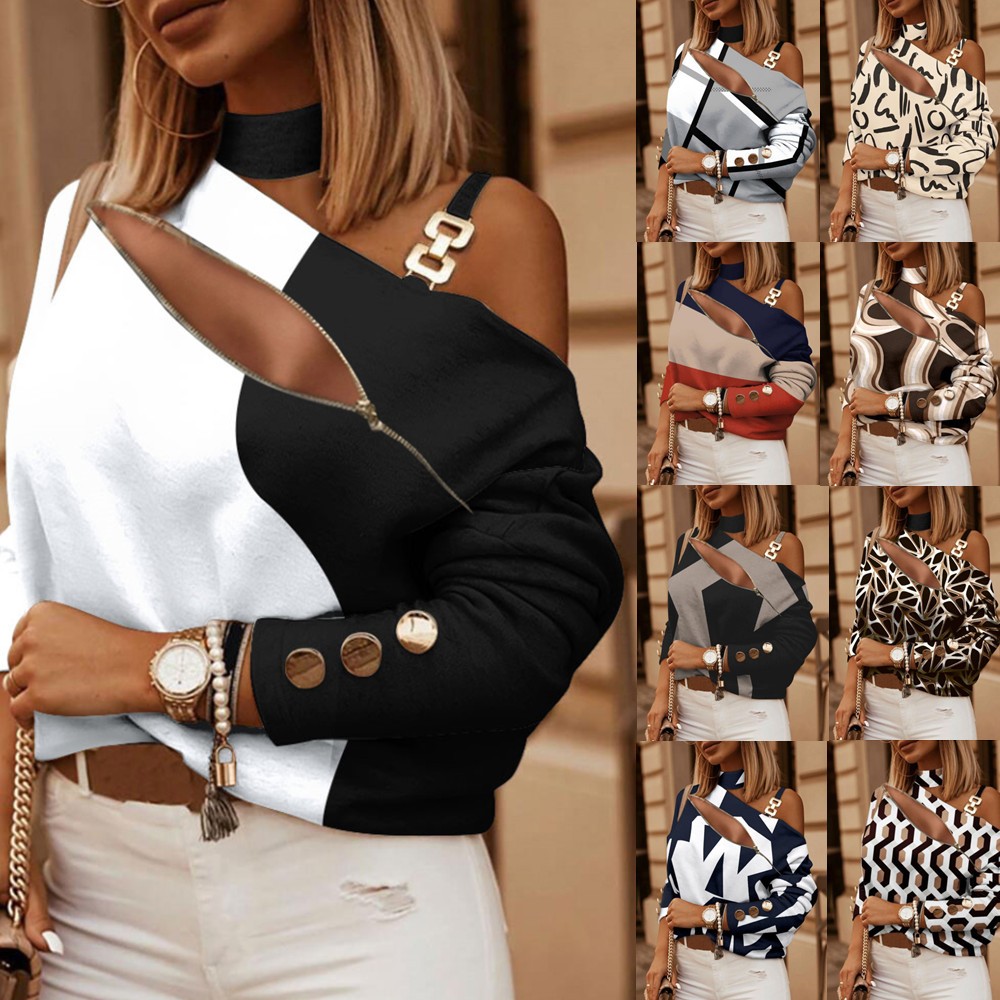 Off Shoulder Blouse - レディース オフショルダー ブラウス ボタンディテール チェーンネック プリント