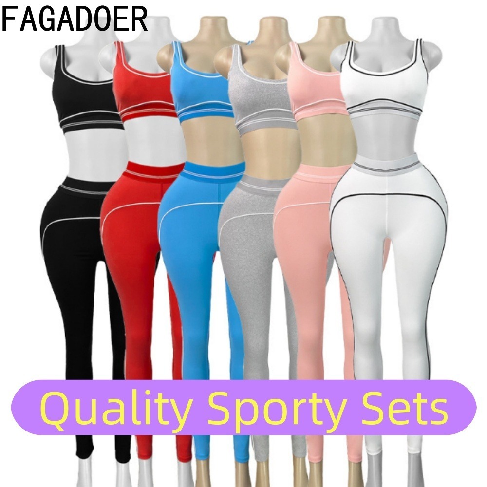 Quality Summer Clothing For Women - FAGADOER ファッションパッチワーク品質スポーティセット婦人服ヨガボディコン衣装カジュアルフィットネスパンツツーピース衣装新しい