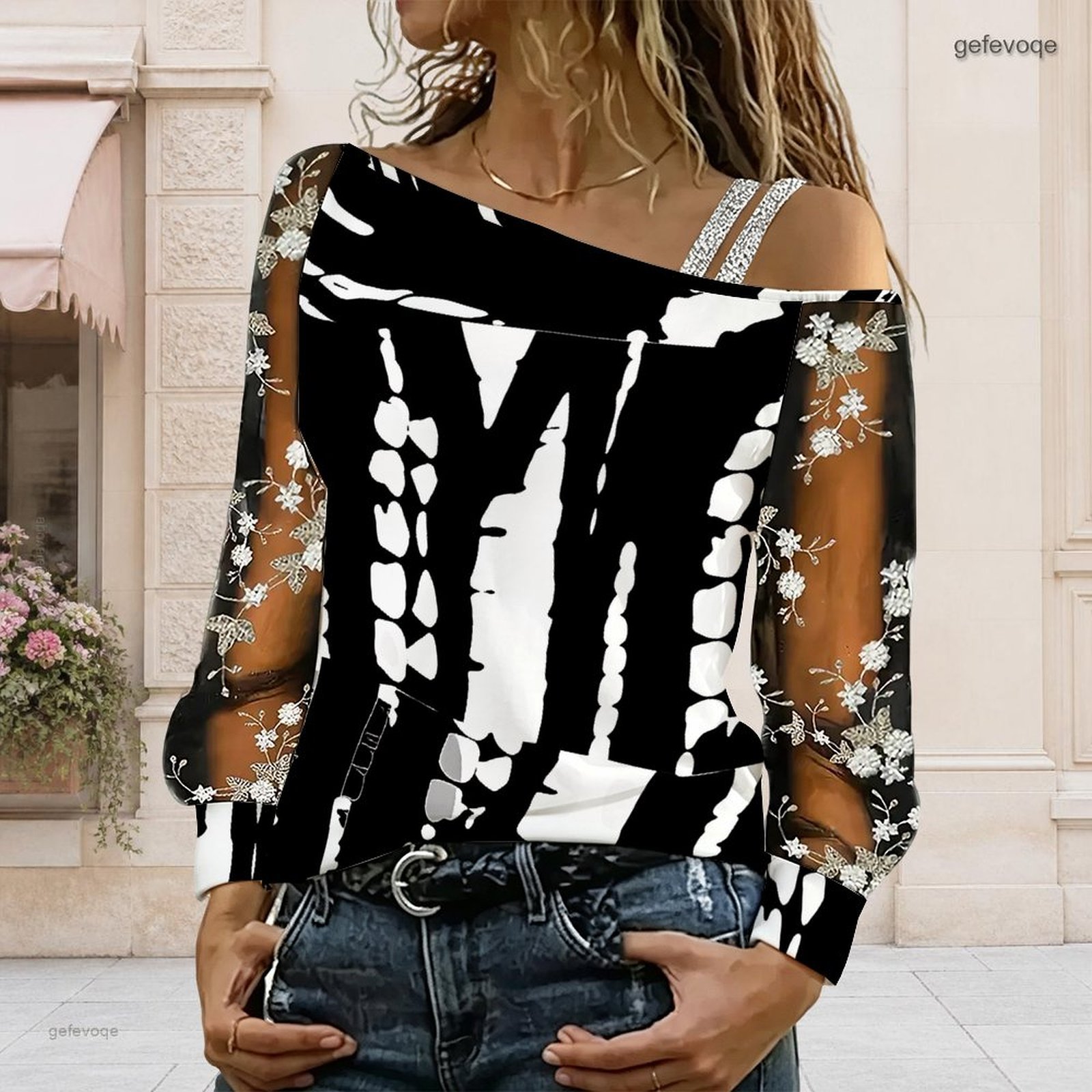 Off Shoulder Blouse - 女性用オフショルダーブラウス、アシンメトリーなワンショルダートップ、レース花柄メッシュ、長袖スリングディテール、ルーズカジュアルTシャツ