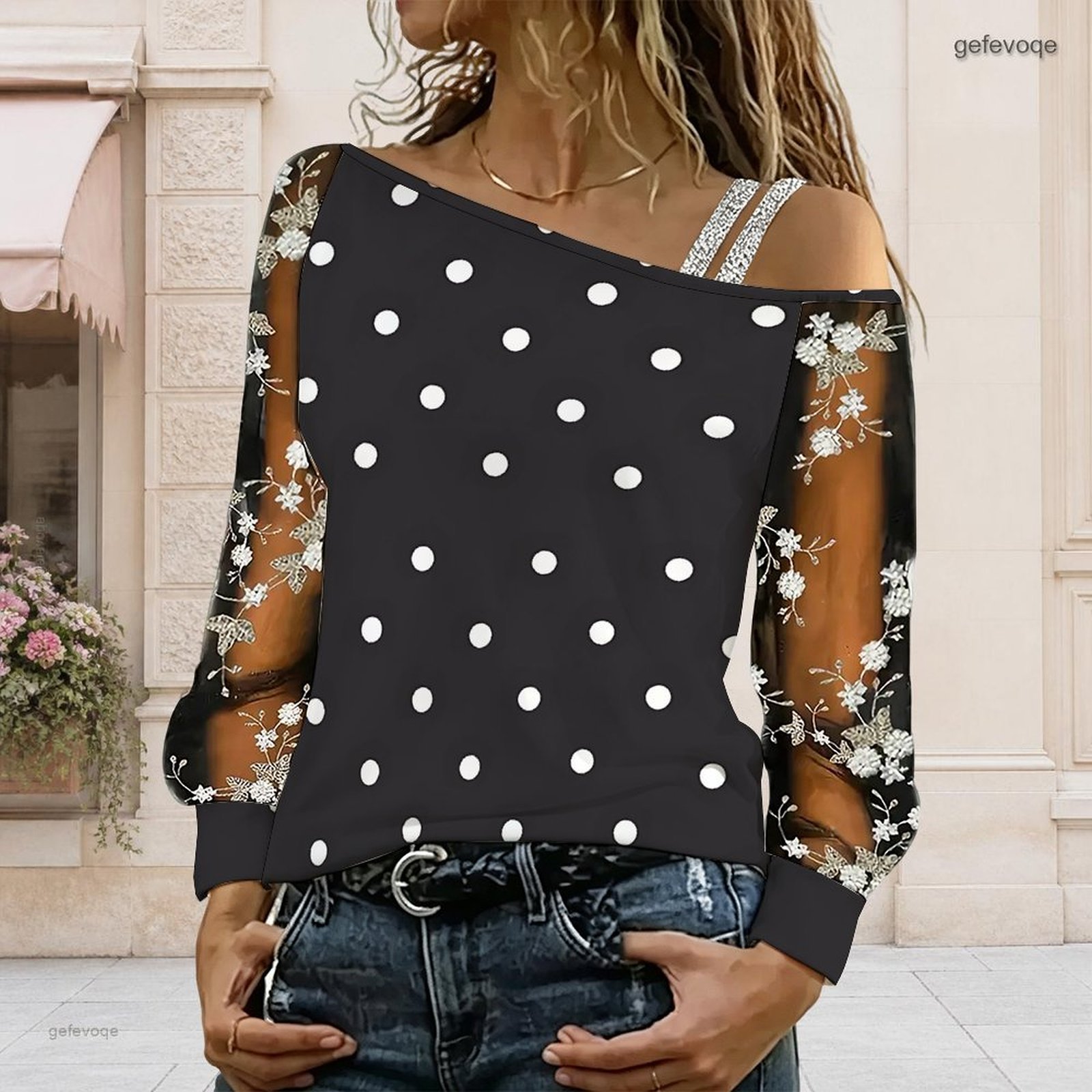 Off Shoulder Blouse - 女性用オフショルダーブラウス、アシンメトリーなワンショルダートップ、レース花柄メッシュ、長袖スリングディテール、ルーズカジュアルTシャツ