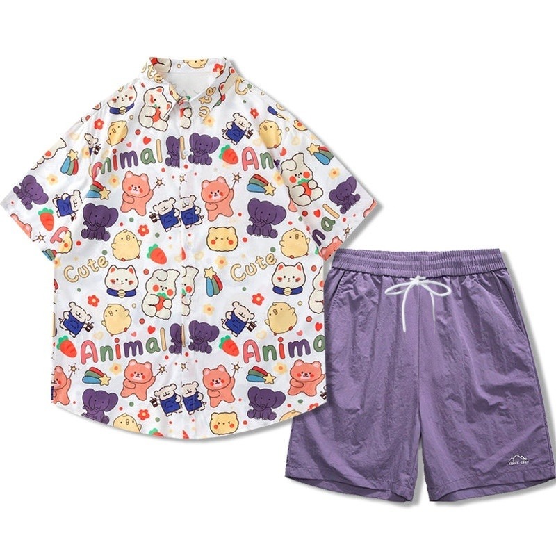 Summer Clothing Must Haves - 2026年夏の売れ筋商品、パープルの爽やかなバケーションスタイルのトレンディなシャツセット、花柄プリントの服、男性の必需品