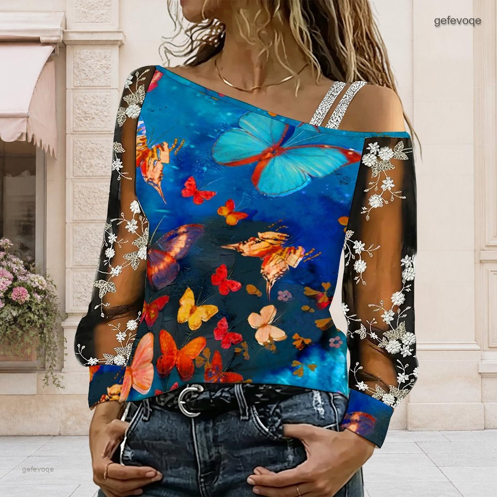 Off Shoulder Blouse - 女性用オフショルダーブラウス、アシンメトリーなワンショルダートップ、レース花柄メッシュ、長袖スリングディテール、ルーズカジュアルTシャツ