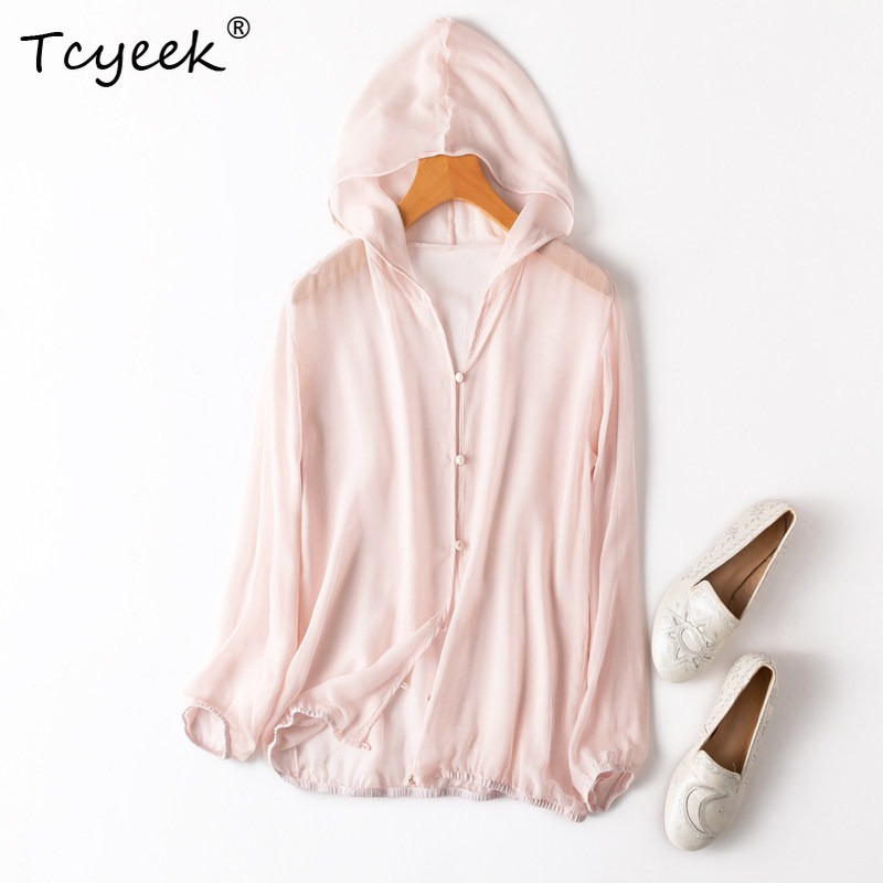 Summer Clothing - Tcyeek 100% 本物の桑シルク女性トップス 2026 夏通気性フード付きライトピンク日焼け防止トップ女性服 Ropa