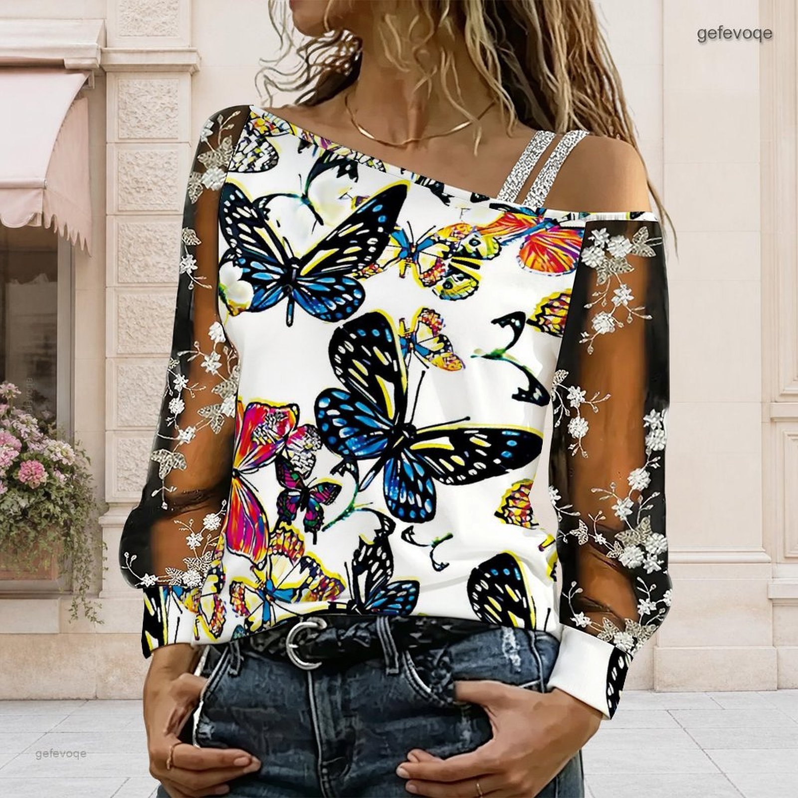 Off Shoulder Blouse - 女性用オフショルダーブラウス、アシンメトリーなワンショルダートップ、レース花柄メッシュ、長袖スリングディテール、ルーズカジュアルTシャツ