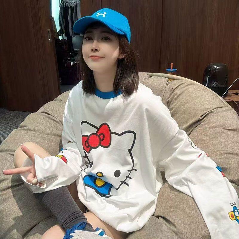 Summer Clothing - 長袖ハローキティ夏の新スタイル漫画かわいいプリント Tシャツ女性のための人気の緩い日焼け防止服薄いトップス