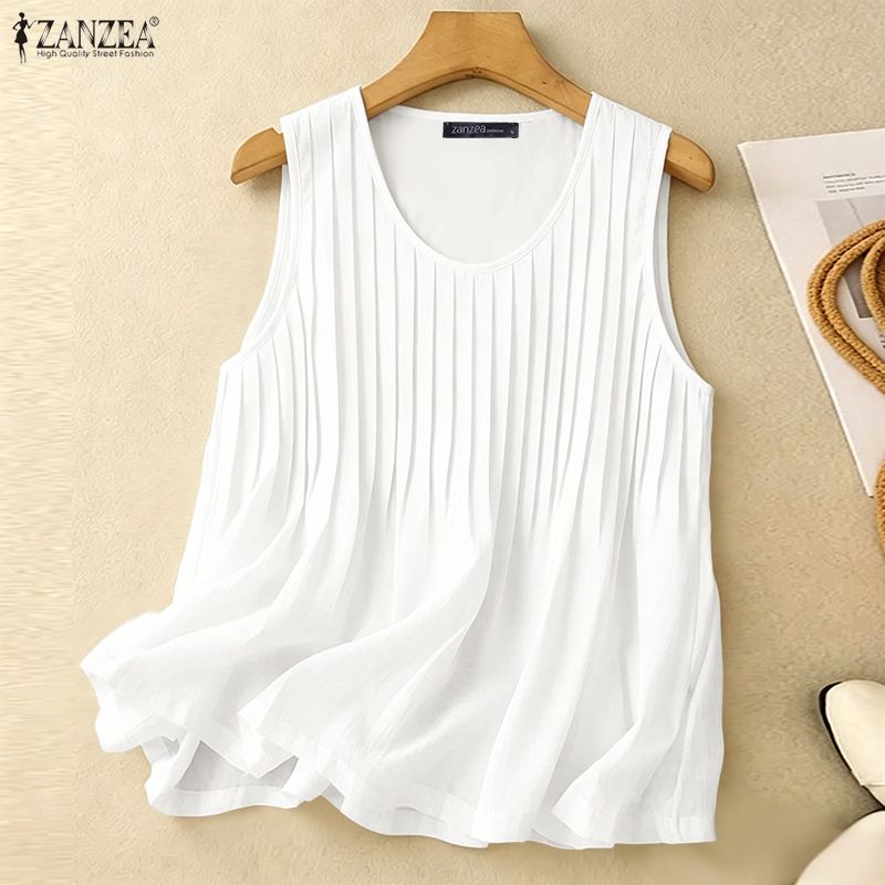 Summer Clothing Plus Size - ZANZEA 女性夏ピンタックタンクトッププラスサイズカジュアルルーズソリッド A ラインノースリーブブラウスホリデービーチラウンドネックトップス 5XL