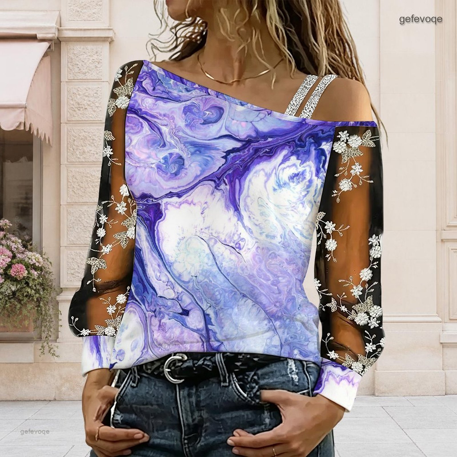 Off Shoulder Blouse - 女性用オフショルダーブラウス、アシンメトリーなワンショルダートップ、レース花柄メッシュ、長袖スリングディテール、ルーズカジュアルTシャツ
