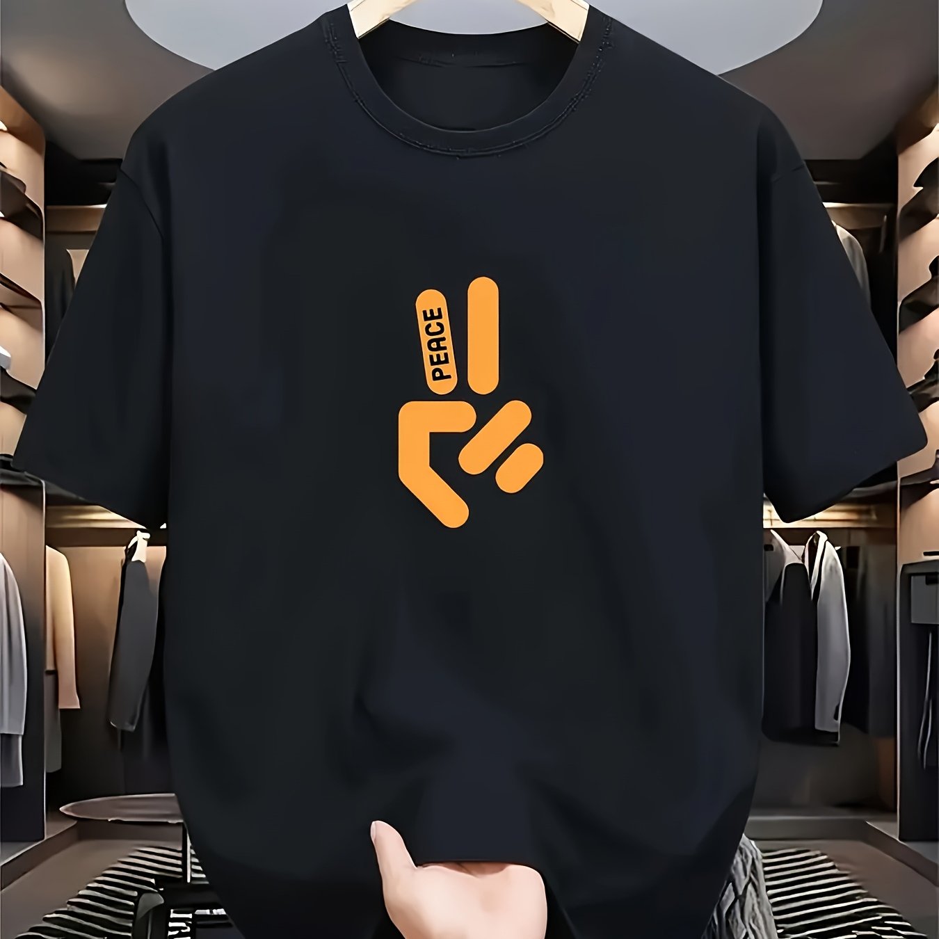 Summer Clothing Essentials Men - 男性用スタイリッシュな黒の半袖Tシャツ、オレンジ色のピースサイングラフィック付き、夏の必需品、快適なメンズ服