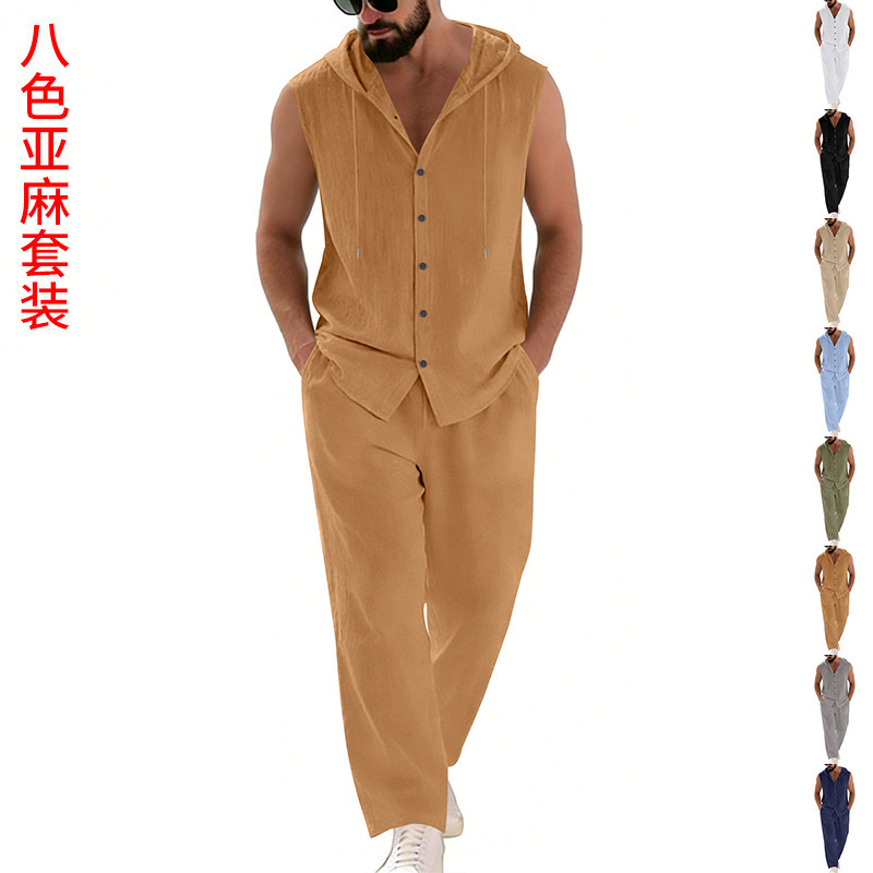 Summer Clothing - メンズカジュアルリネンスーツフード付きセーターとパンツセット無地通気性快適メンズ服