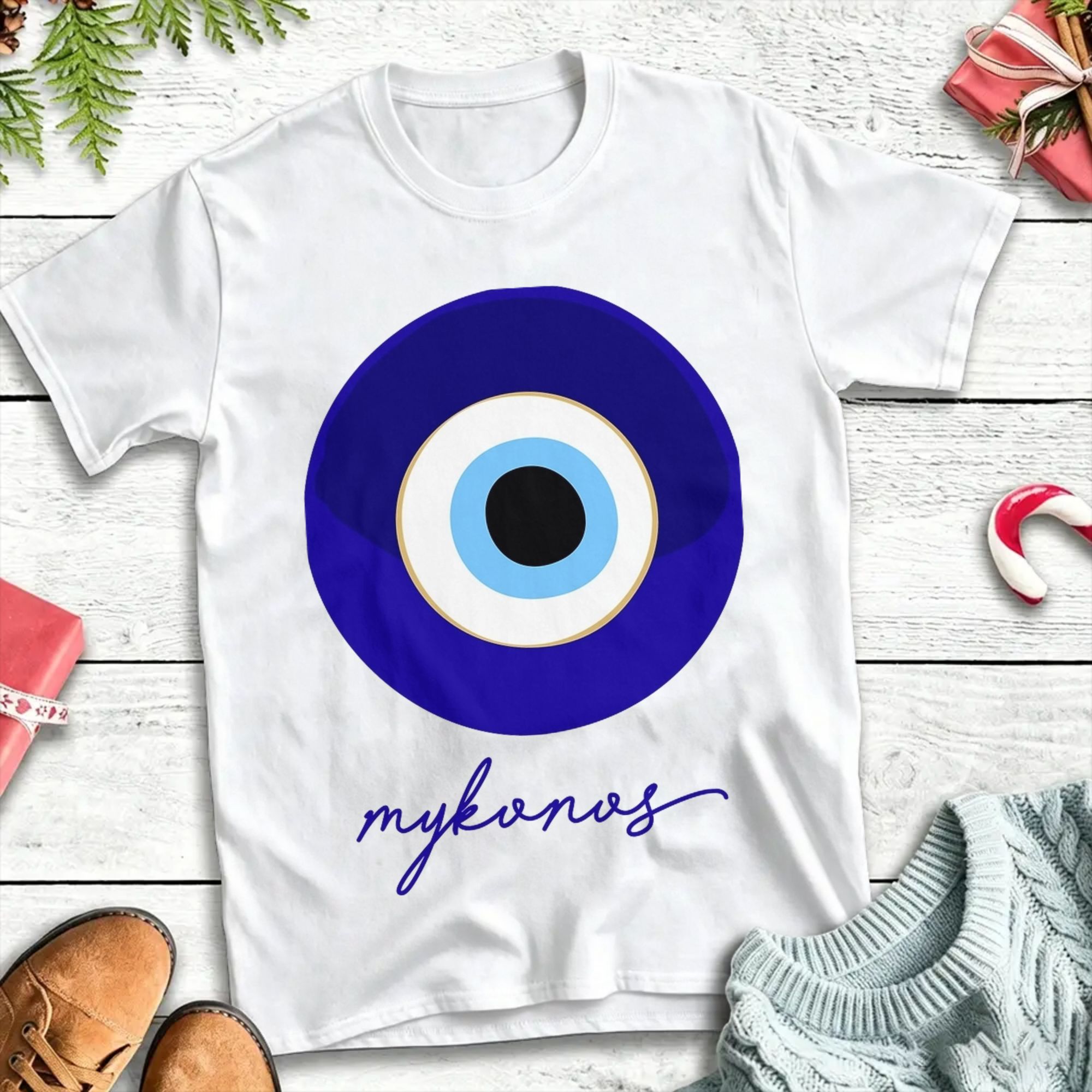 Summer Clothing For Greece - マイコノス - ギリシャ、マティエディション ブルーホワイト Tシャツ 原宿サマーティーシャツ