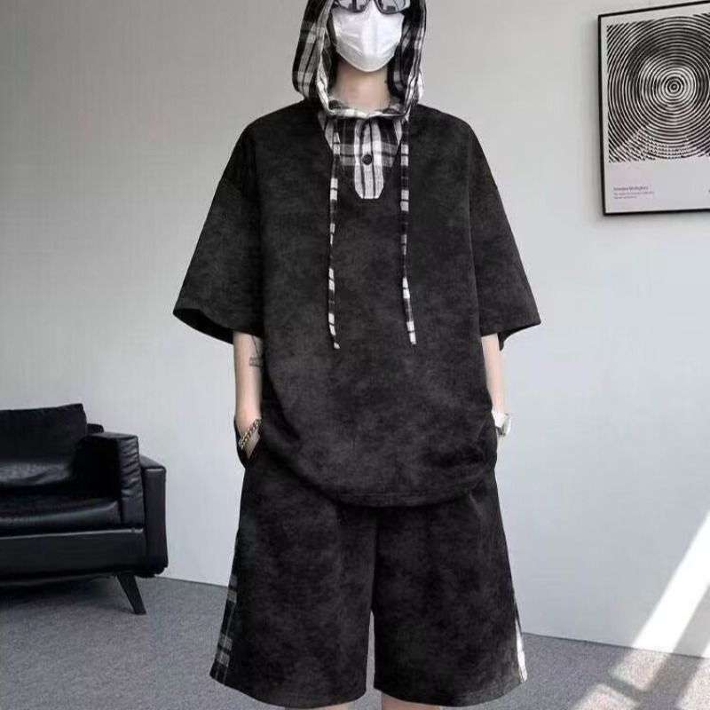 Summer Clothing Plus Size - M-8XL プラスサイズ紳士服半袖フード付き T シャツ + ショートパンツパンツスポーツセット原宿、日本ファッションカジュアル