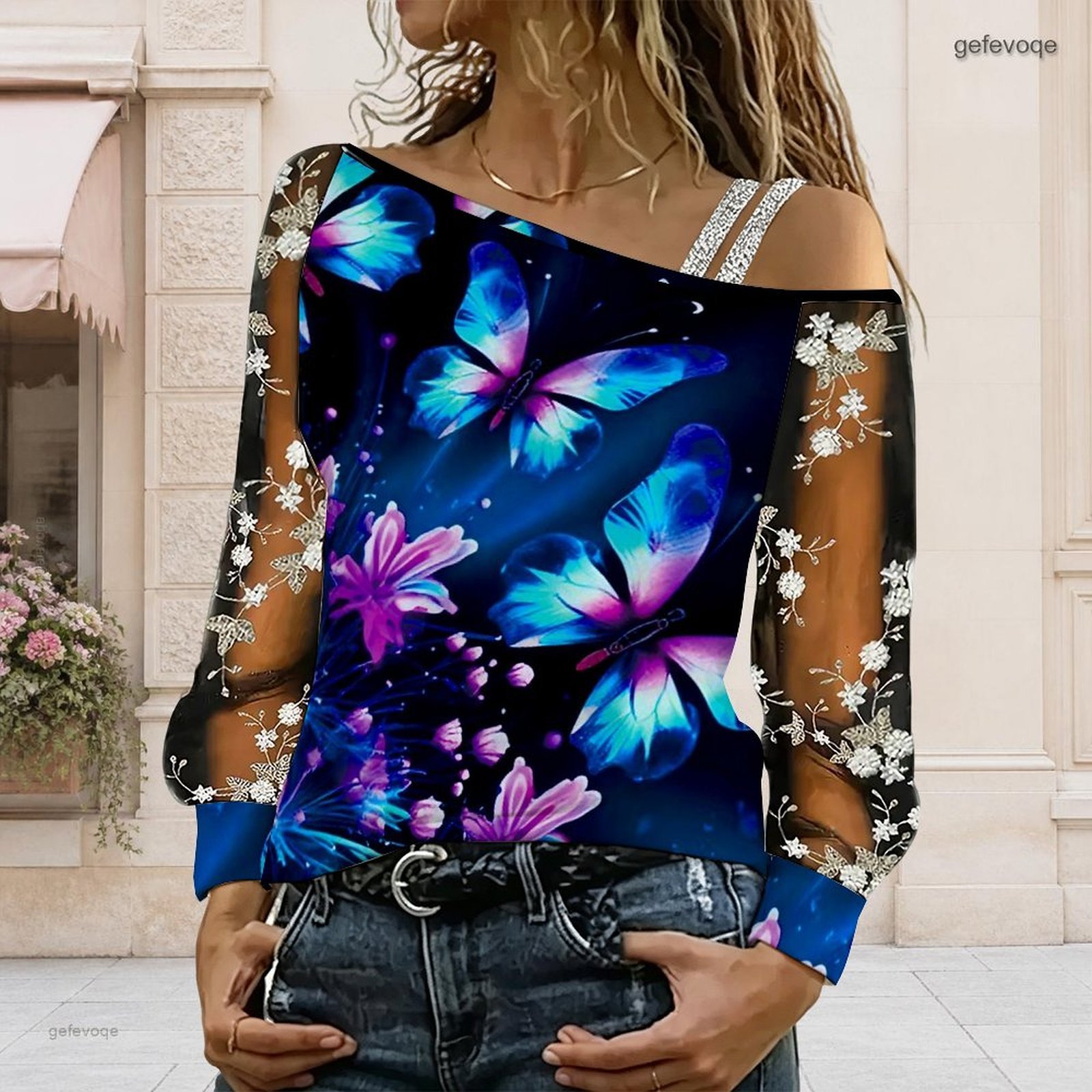 Off Shoulder Blouse - 女性用オフショルダーブラウス、アシンメトリーなワンショルダートップ、レース花柄メッシュ、長袖スリングディテール、ルーズカジュアルTシャツ