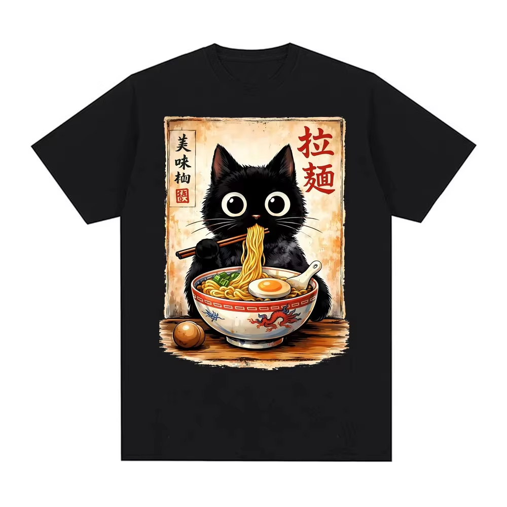 Summer Clothing Essentials Men - 2026 かわいいラーメン猫レトロ日本 N..エッセンシャル Tシャツ男性女性服ファッション Tシャツオーバーサイズ半袖トップス