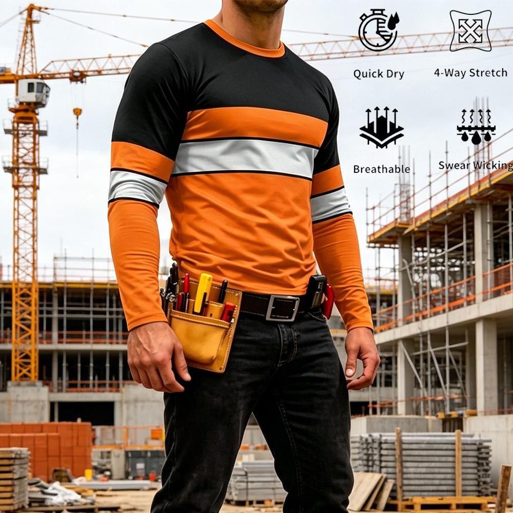 Summer Knit Clothing - 秋の高品質明るい色のストライプ作業服メンズ長袖 Tシャツ通気性カジュアル O ネック安全作業服