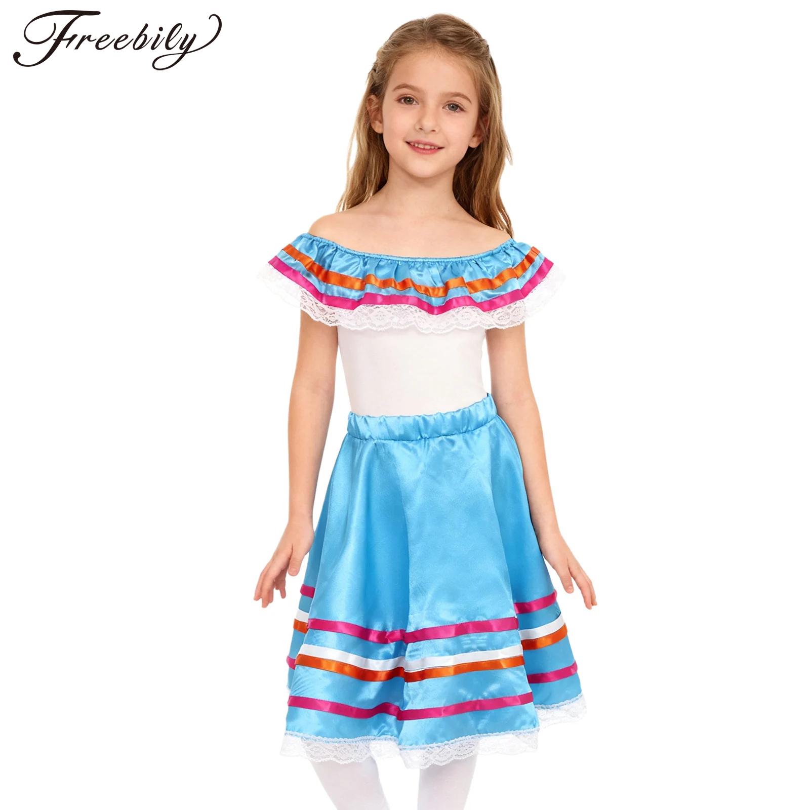 Off Shoulder Blouse - キッズガールズメキシコドレスオフショルダートップスとスカートセットハロウィンコスチューム伝統的なセニョリータブラウスフラメンコダンススカート