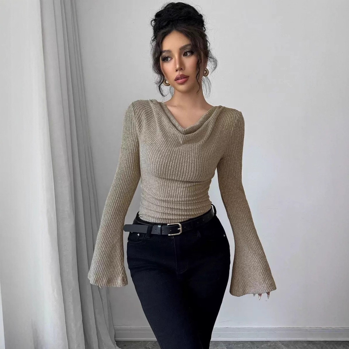 レディースブラウス 長袖 ソリッドカラー 長袖ブラウス リブ - Off Shoulder Blouse のレビューと価格