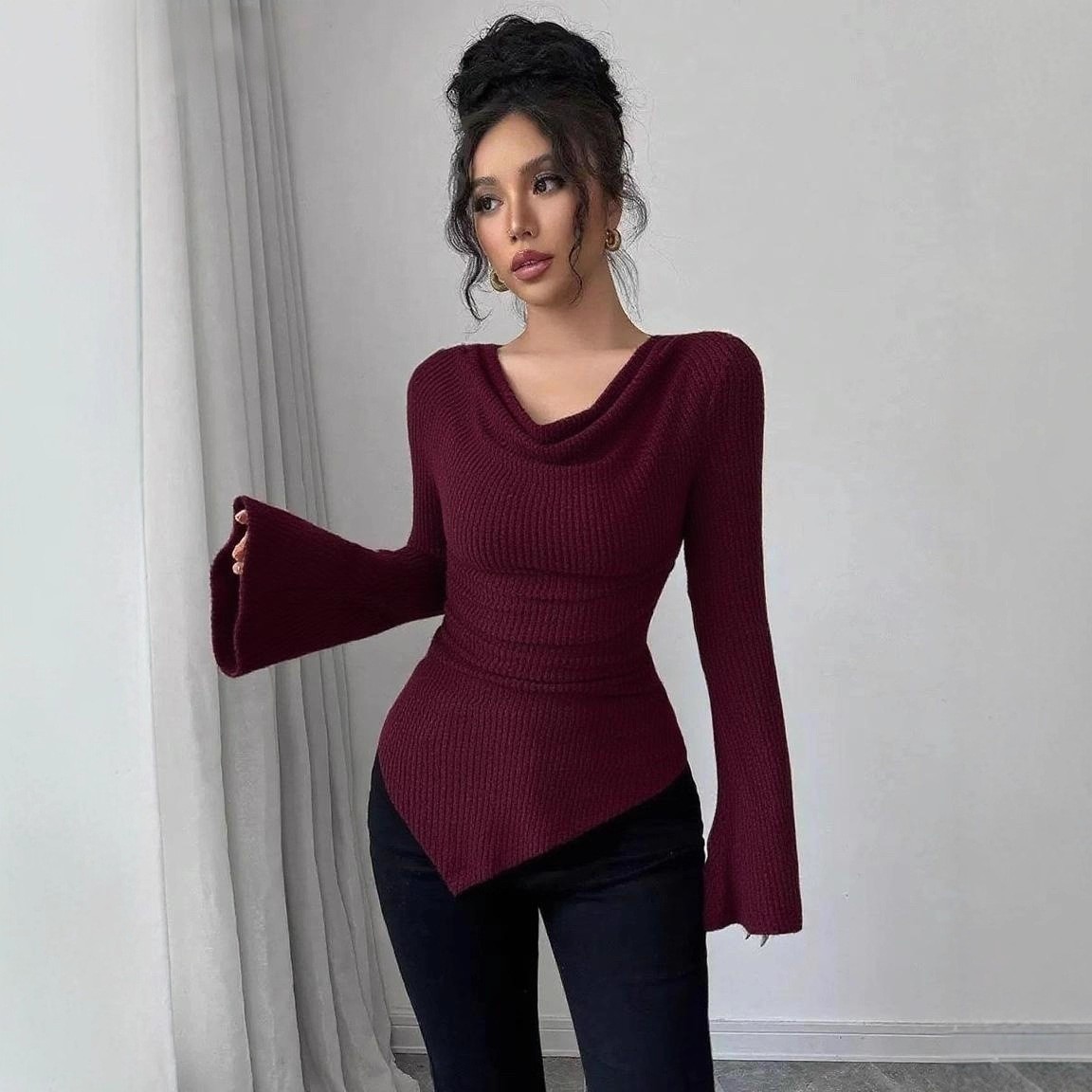 レディースブラウス 長袖 ソリッドカラー 長袖ブラウス リブ - Off Shoulder Blouse のレビューと価格
