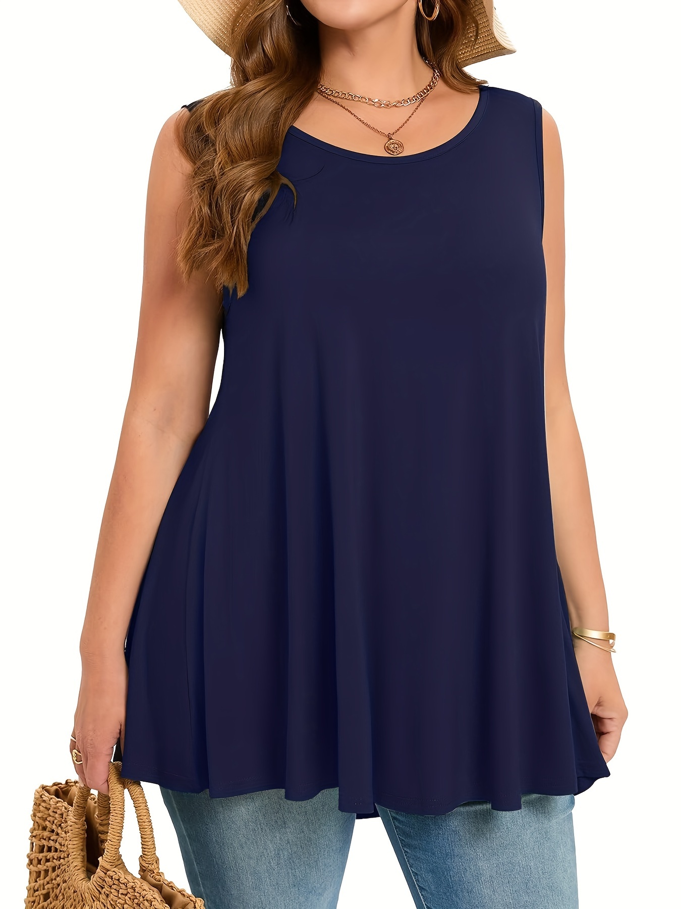プラスサイズのシンプルな固体タンクトップカジュアルクルーネッ - Summer Clothing Plus Size のレビューと価格