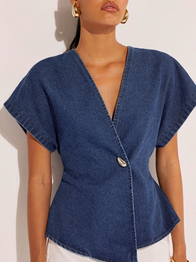 2026年女性用ダークブルーデニムブラウス婦人服Vネック半袖 - Summer Clothing Wraps のレビューと価格