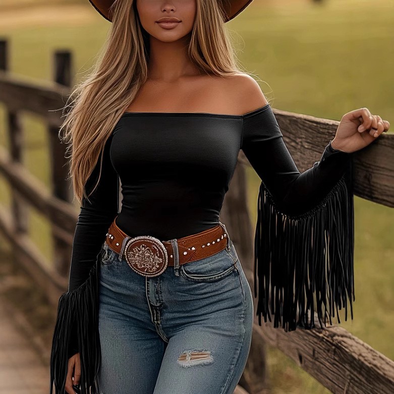 女性服長袖ブラウスフリンジオフショルダートップスソリッドカラ - Off Shoulder Blouse のレビューと価格