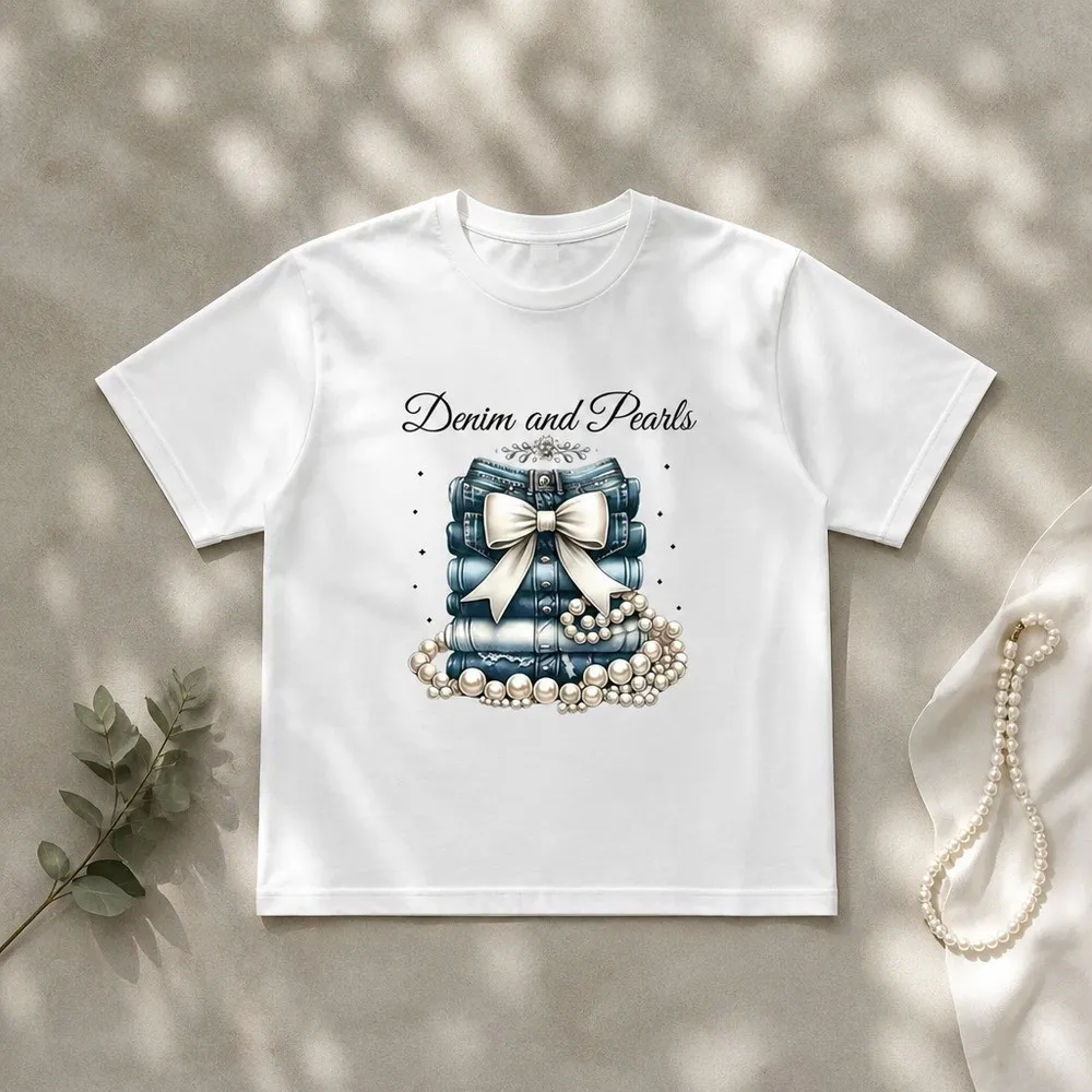 レディースデニムパールプリントクルーネック半袖シャツ |   - Summer Clothing Must Haves のレビューと価格