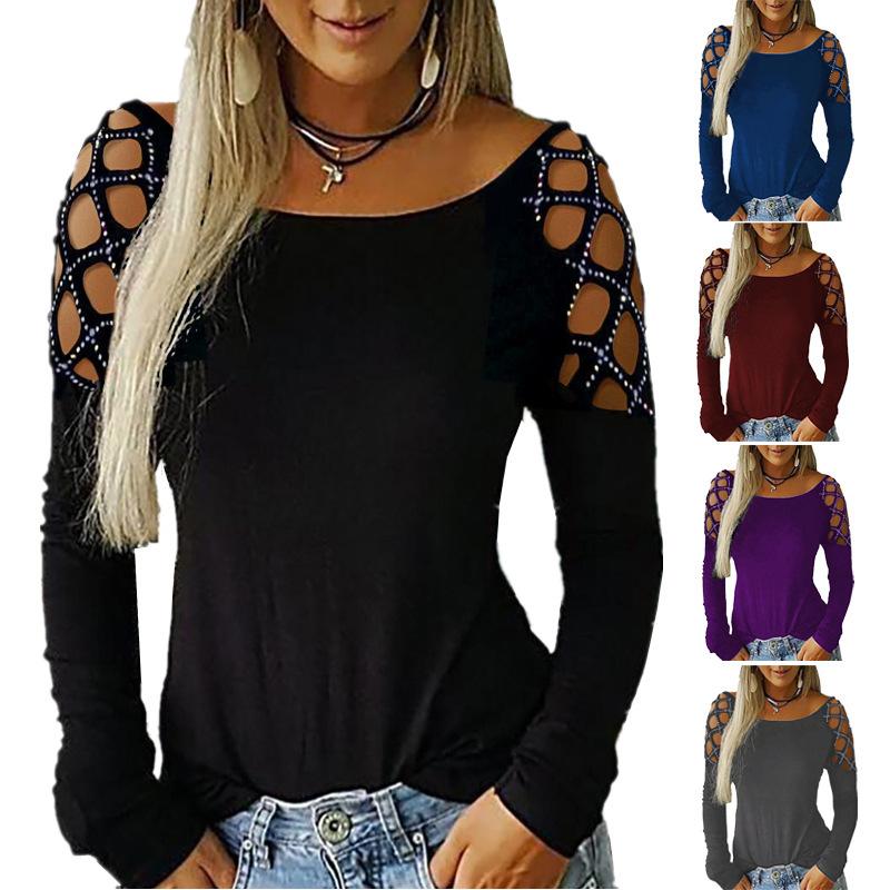女性用オフショルダー長袖Tシャツ ラインストーン付き ホロー - Off Shoulder Blouse のレビューと価格