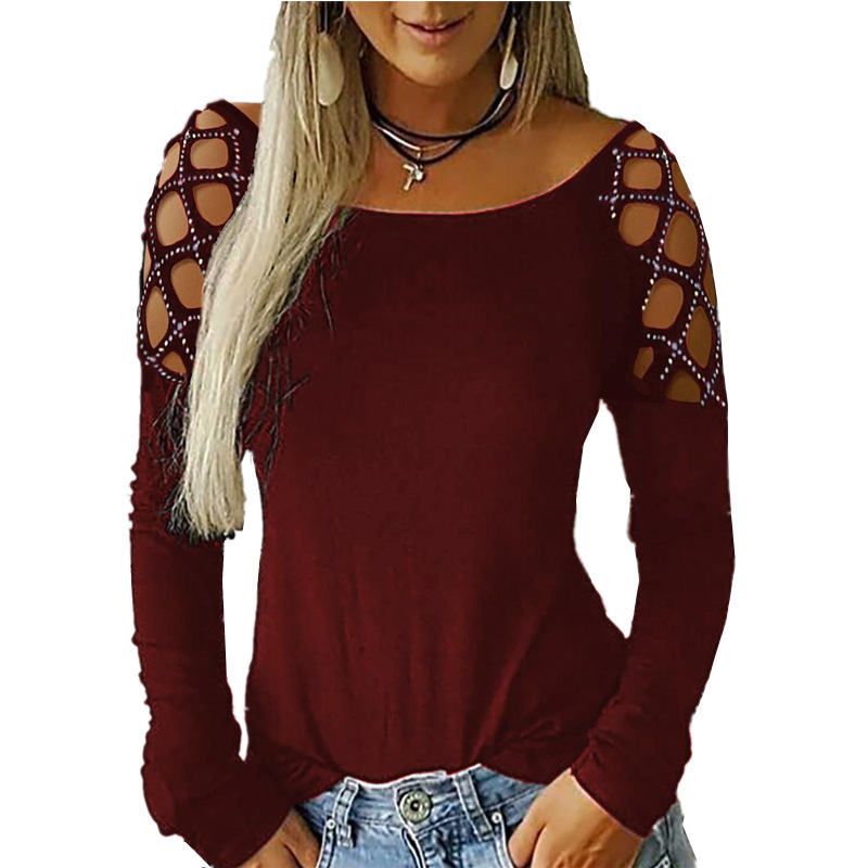 女性用オフショルダー長袖Tシャツ ラインストーン付き ホロー - Off Shoulder Blouse のレビューと価格